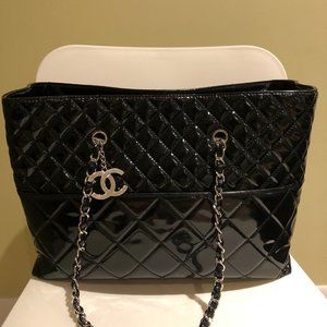 CHANEL Black Quilted Patent Vinyl In-the-Business Large Tote Bag